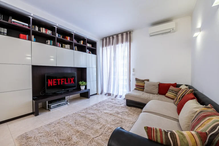 Sala de estar con sofá en L, cojines coloridos, televisor mostrando Netflix, planta decorativa, estanterías con libros y cortinas translúcidas.