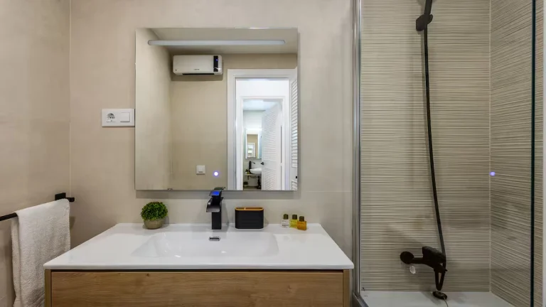 Baño moderno con lavabo blanco, espejo grande, planta pequeña, toalla, ducha con vidrio y un calentador de agua.