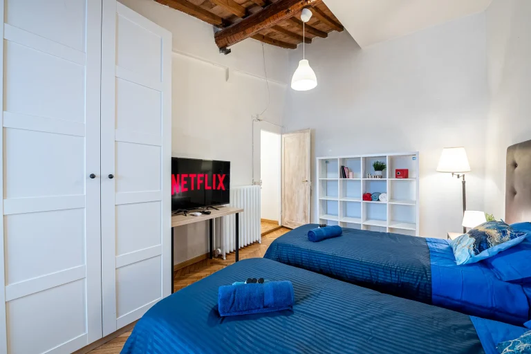 Habitación con dos camas individuales, cobertores azules, TV encendida, armario blanco, estantería y techo de vigas de madera.