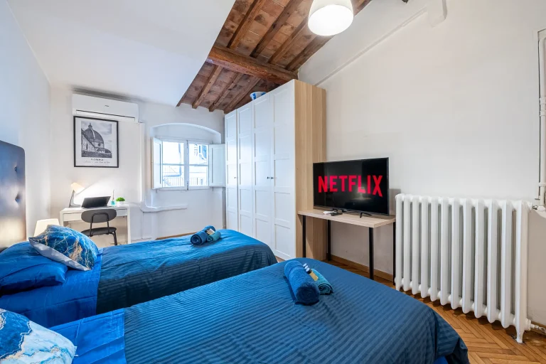 Doble habitación con camas azules, escritorio con laptop, TV con Netflix, y armario blanco. Techo de madera y ventana con vista exterior.