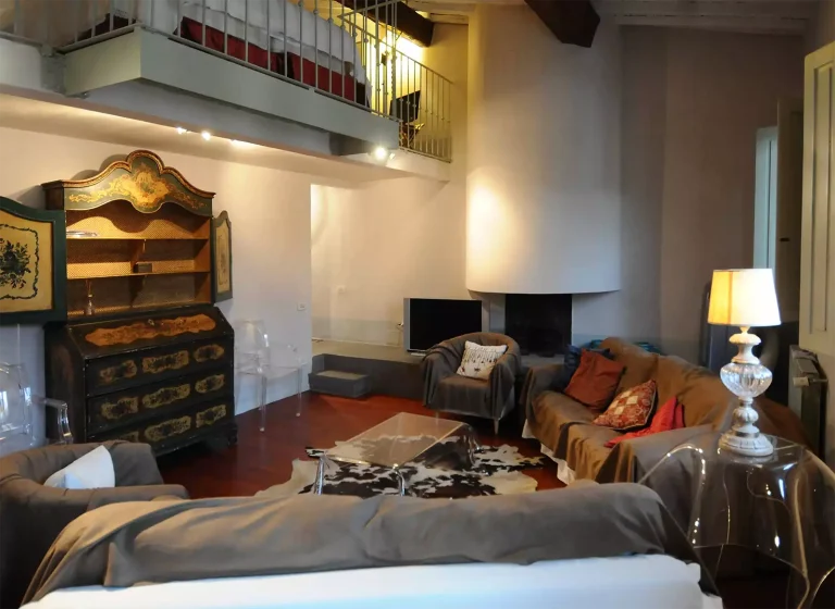 Sala de estar con sofá gris, alfombra animal print, mueble antiguo decorado y lámpara de mesa al lado del sillón.