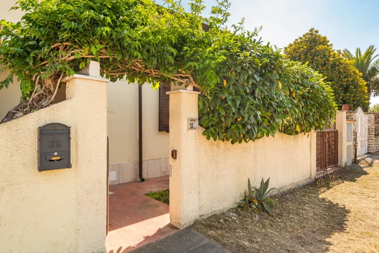 Entrada de casa con muro beige cubierto de enredaderas verdes. Buzón negro, número "12" en la pared y portón de madera. Interior con suelo rojizo y ventana con persiana.