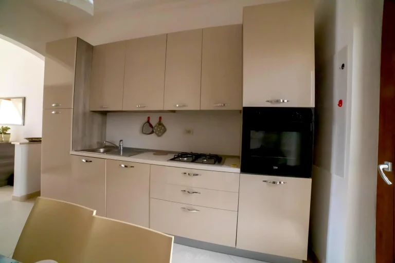 Cocina moderna con gabinetes beige, horno negro, estufa de gas, y fregadero metálico. Decoración sencilla y funcional.