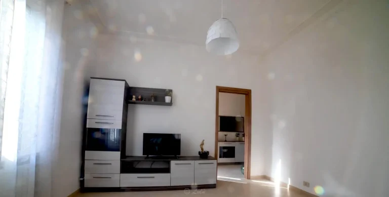 Sala de estar luminosa con mueble oscuro, televisor, estantería con adornos, lámpara blanca colgante y puerta abierta.