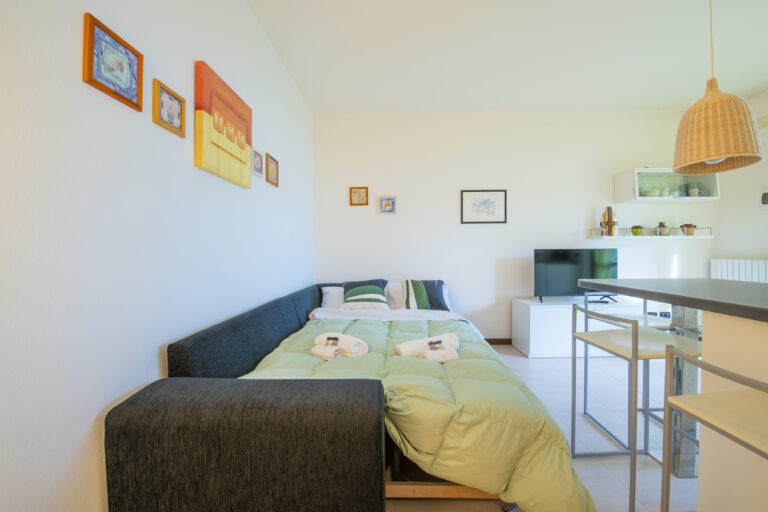 Sala con cama desplegable, manta verde, cuadros decorativos, sofá gris, lámpara tejida, TV sobre mueble blanco y estanterías con plantas.