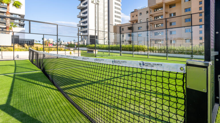 Cancha de pádel con césped verde, red negra y paredes de vidrio. Edificios modernos y cielo azul de fondo.