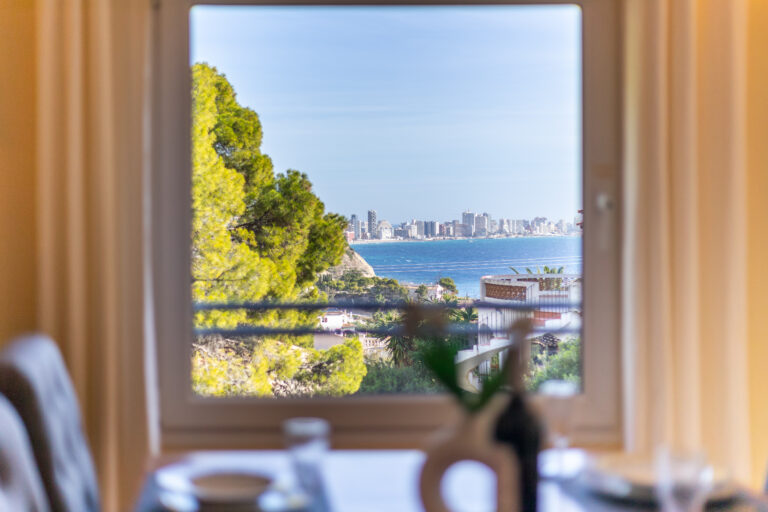 Vista desde una ventana, árboles verdes en primer plano y una ciudad costera con rascacielos al fondo, cielo despejado.
